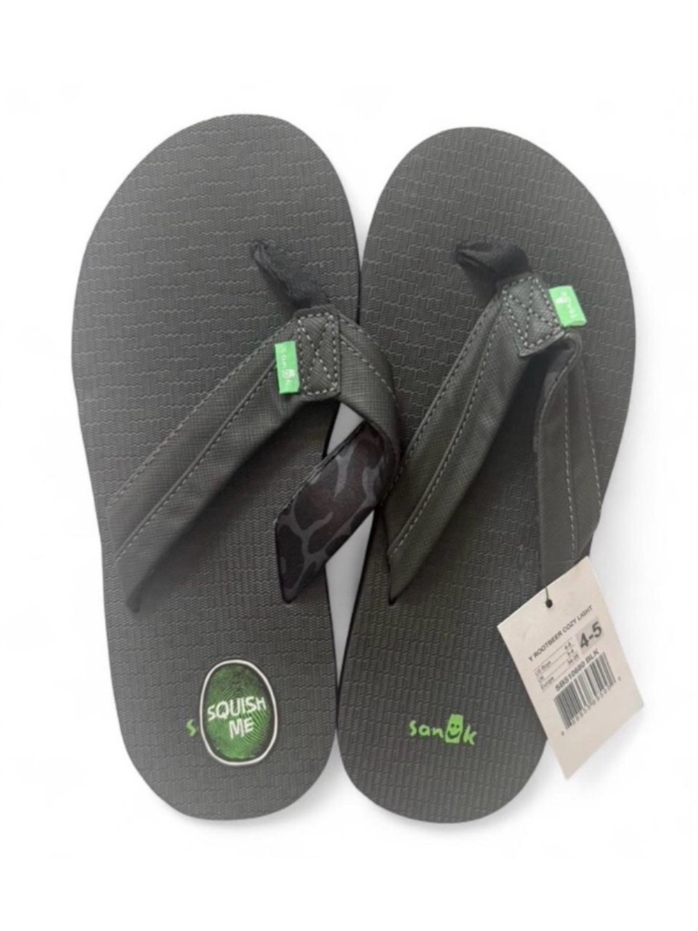 Sanuk Kids' Gray Squish-Me Flip Flops with Green Logo Tabs